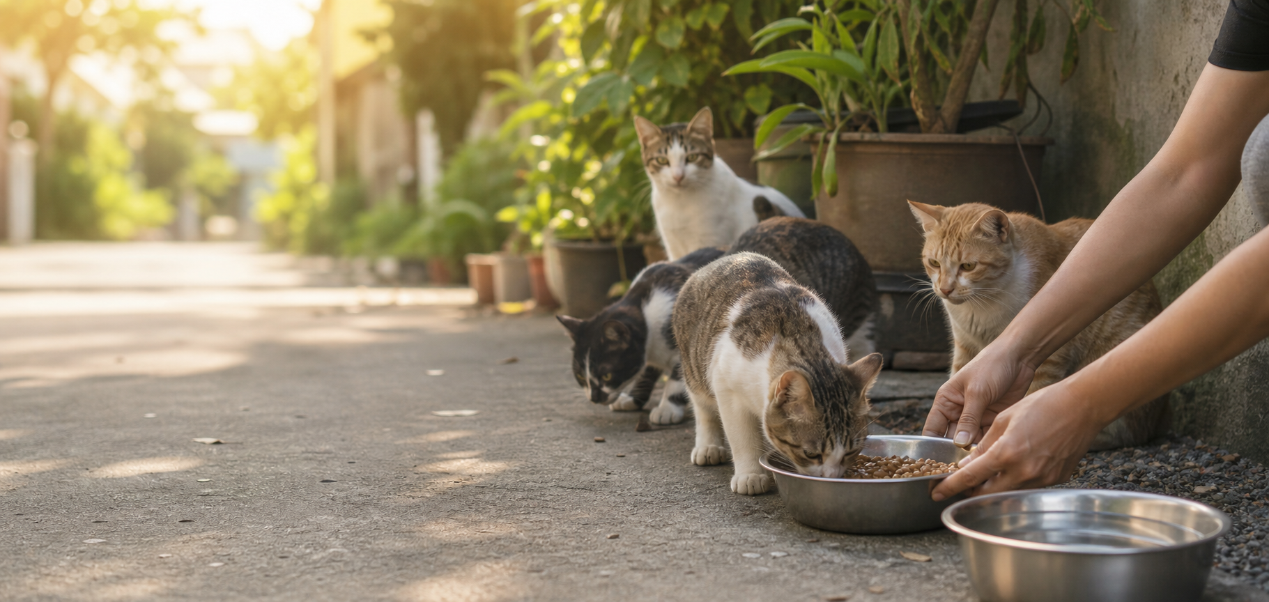 Local cats eating near bowls of fresh food and water in a safe neighborhood feeding spot
